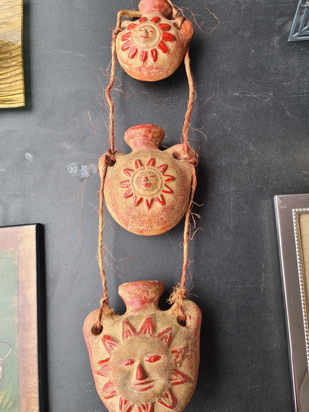 Mexican Artifact, Hanging Sun Face Wall Accent - Rustic Terracotta Red